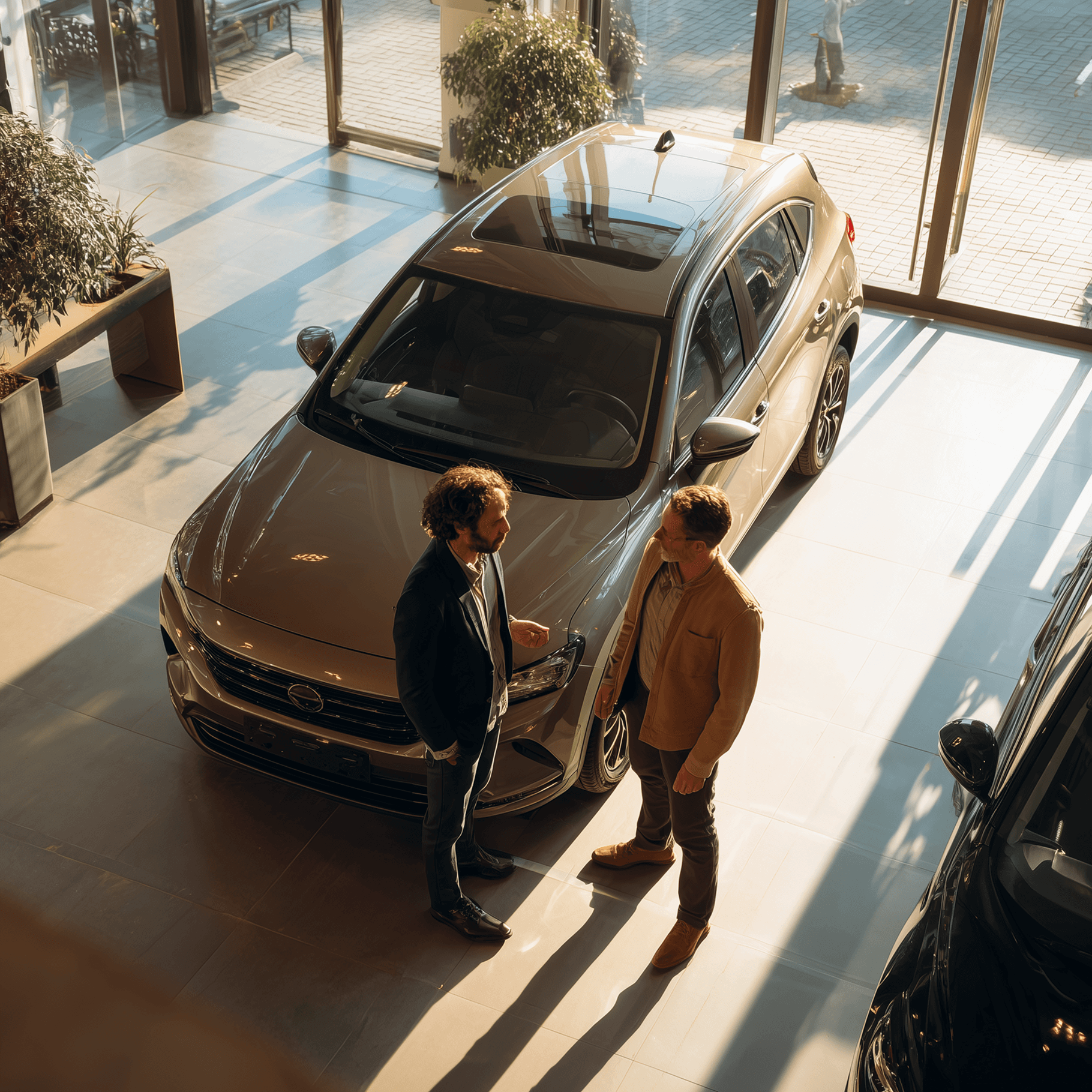 Twee mannen praten bij een auto in de showroom.